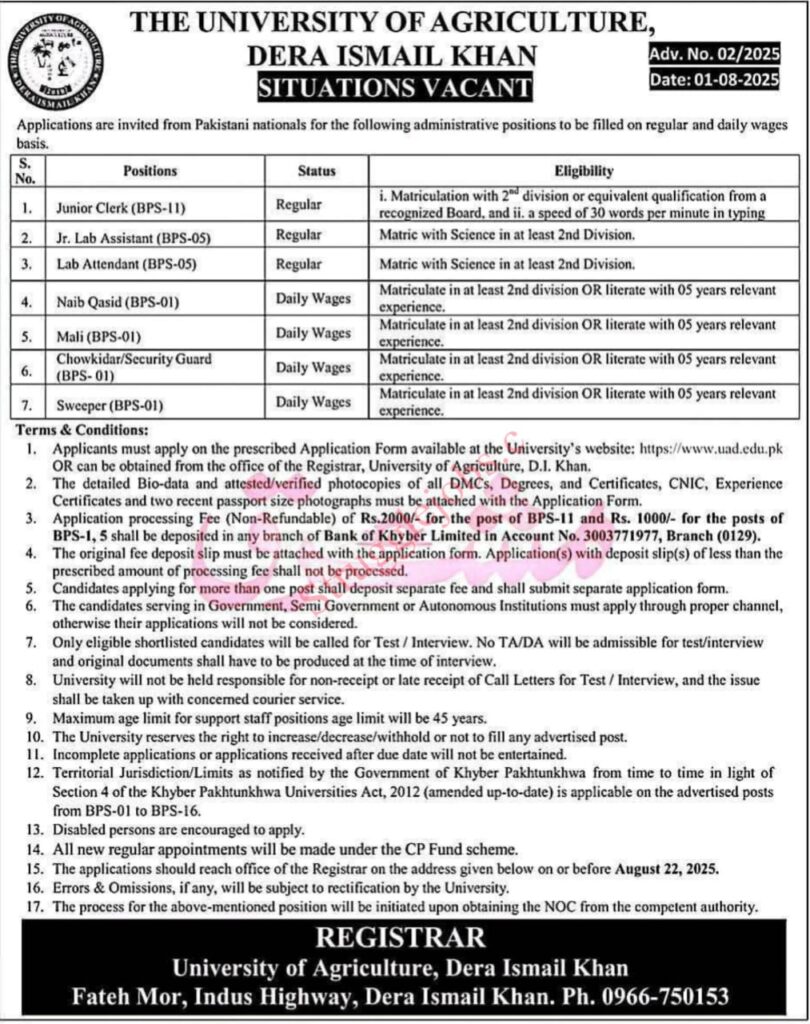 University of Agriculture Dera Ismail Khan Jobs 2025
