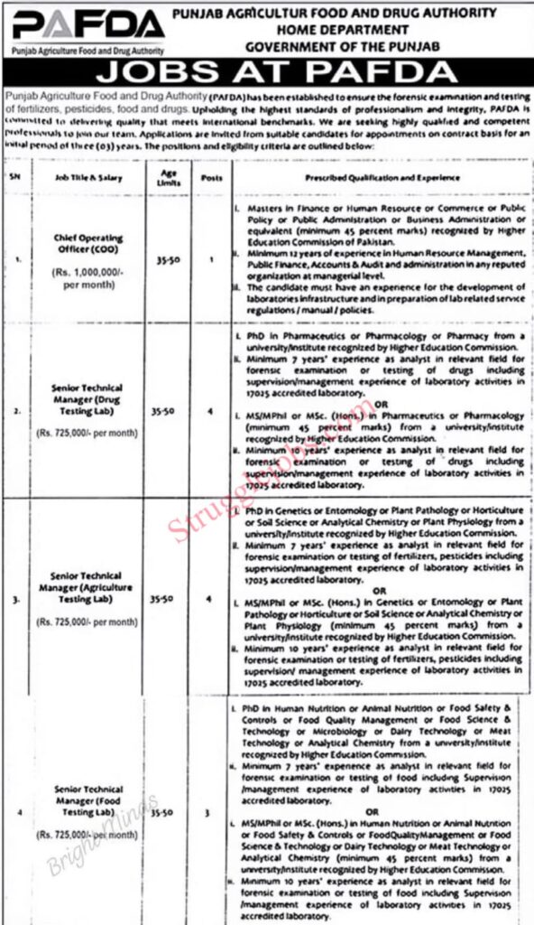 PAFDA Jobs 2025 Punjab Agriculture Food & Drug Authority Latest Vacancies