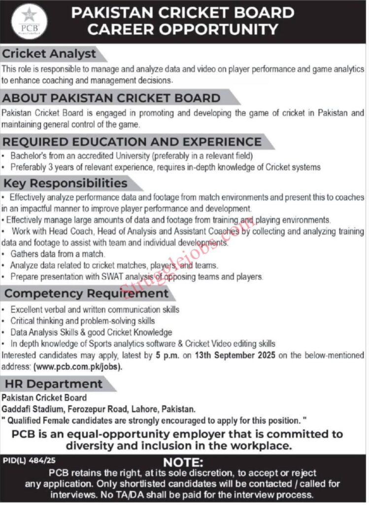 Latest PCB Jobs 2025 Cricket Analyst Vacancy, Apply Online Now