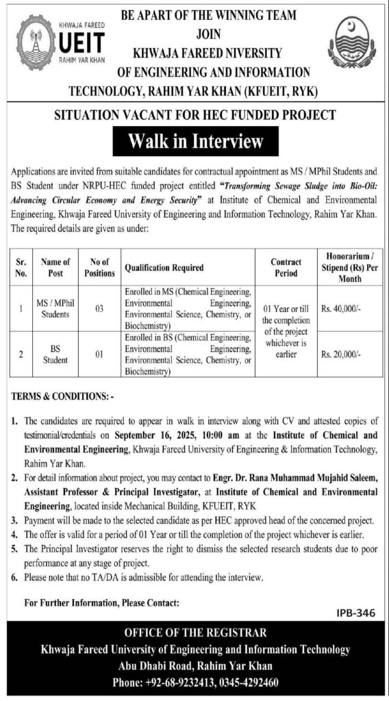 KFUEIT Rahim Yar Khan Jobs 2025 MS/MPhil & BS Students Research Positions