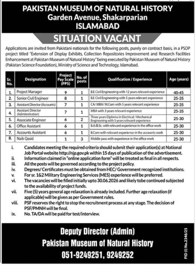 Pakistan Museum of Natural History PMNH Jobs 2025 Apply Online via NJP