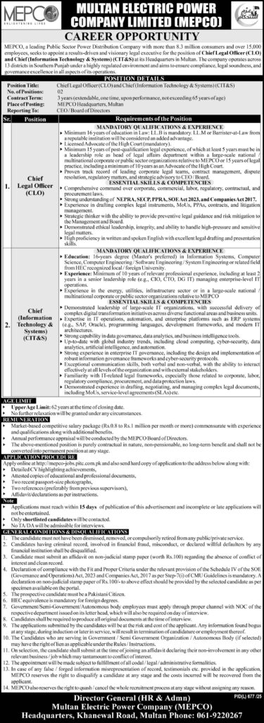 MEPCO Jobs in Multan 2025 Chief Legal Officer