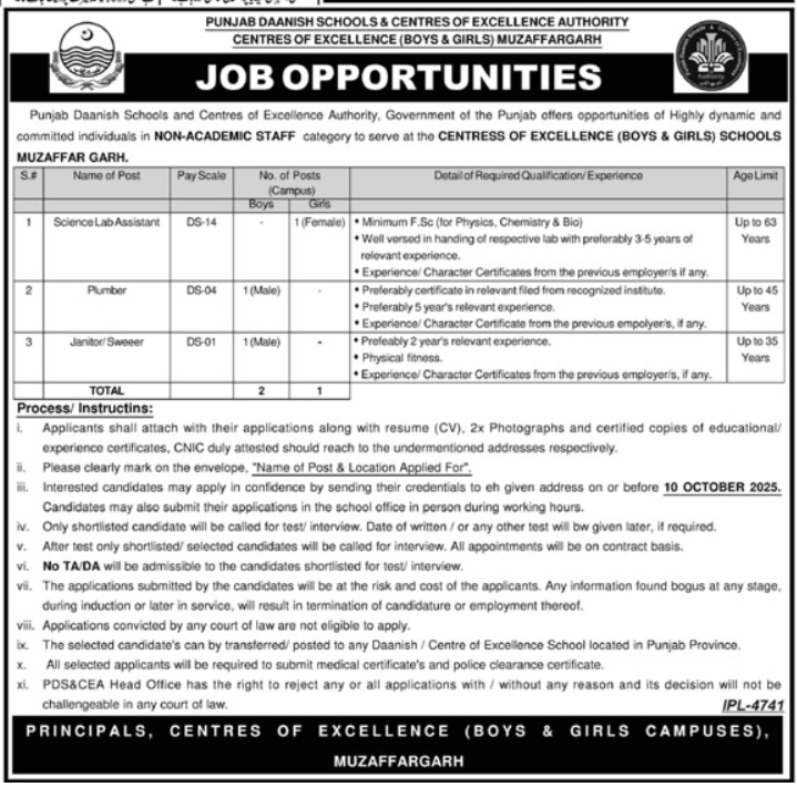 PLatest Jobs in Punjab Danish Schools 2025 Non-Academic Staff Muzaffargarh