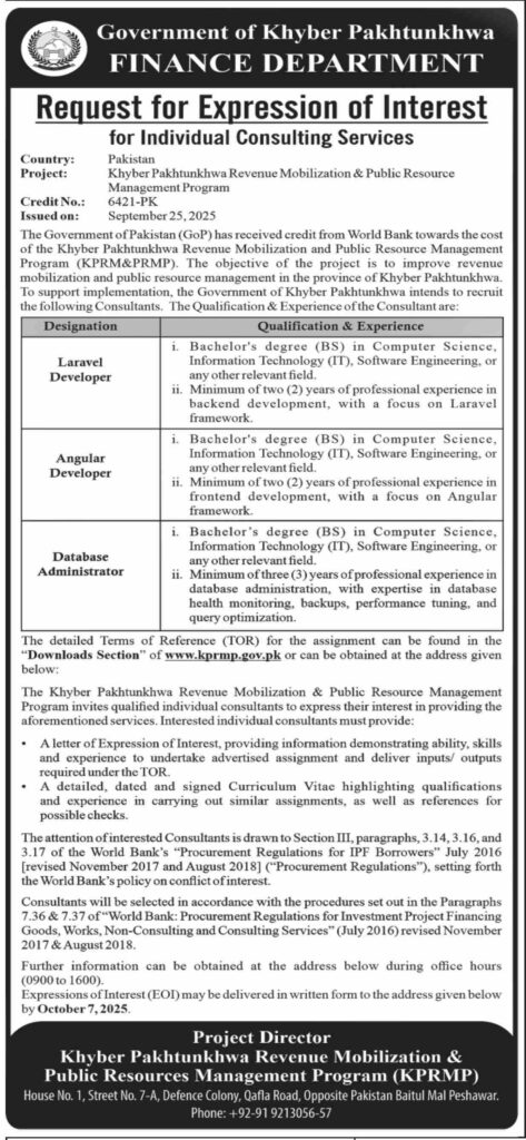 Finance Department KPK Jobs 2025 IT Consultants Required for World Bank