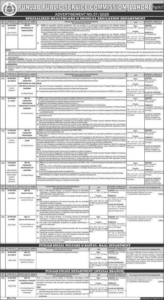 PPSC Jobs 2025 Specialized Healthcare & Medical Education Department | Ad No. 37/2025