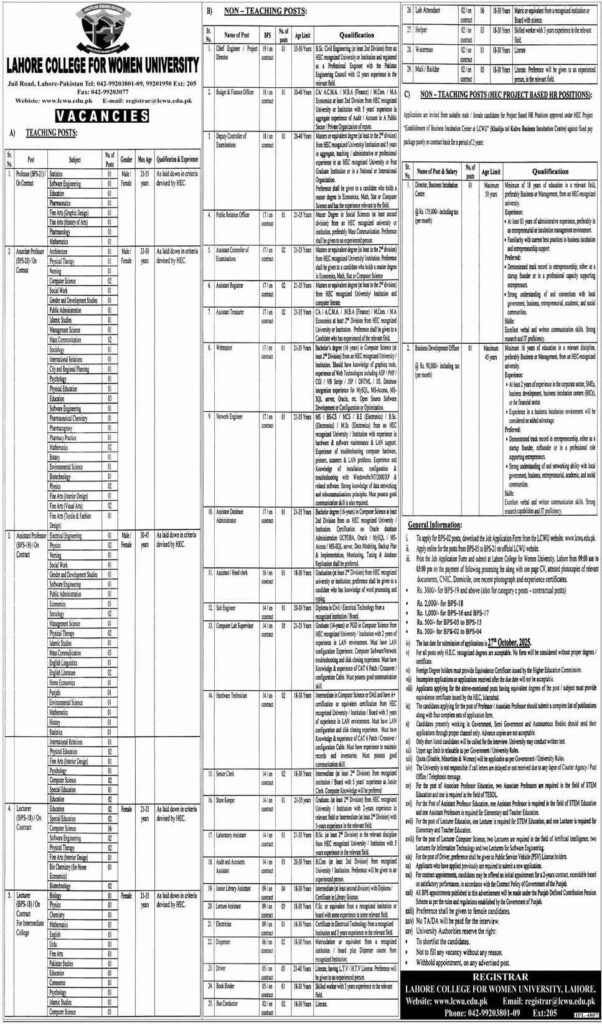 LCWU Lahore Jobs 2025 Teaching & Non-Teaching Vacancies