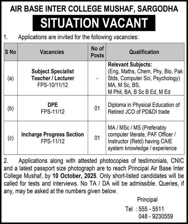 Air Base Inter College Mushaf Jobs in Sargodha 2025