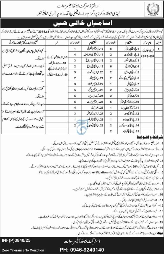 Lady Health Worker Jobs 2025 in Swat Apply Now DHO Swat