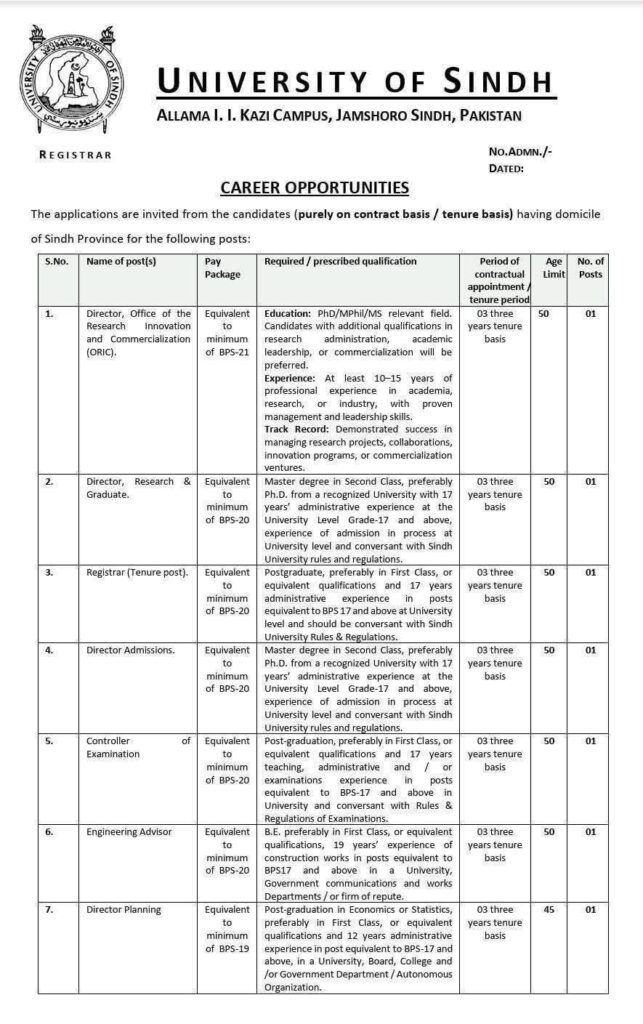 University of Sindh Jobs 2025 Apply Online for Registrar, Directors & IT Posts