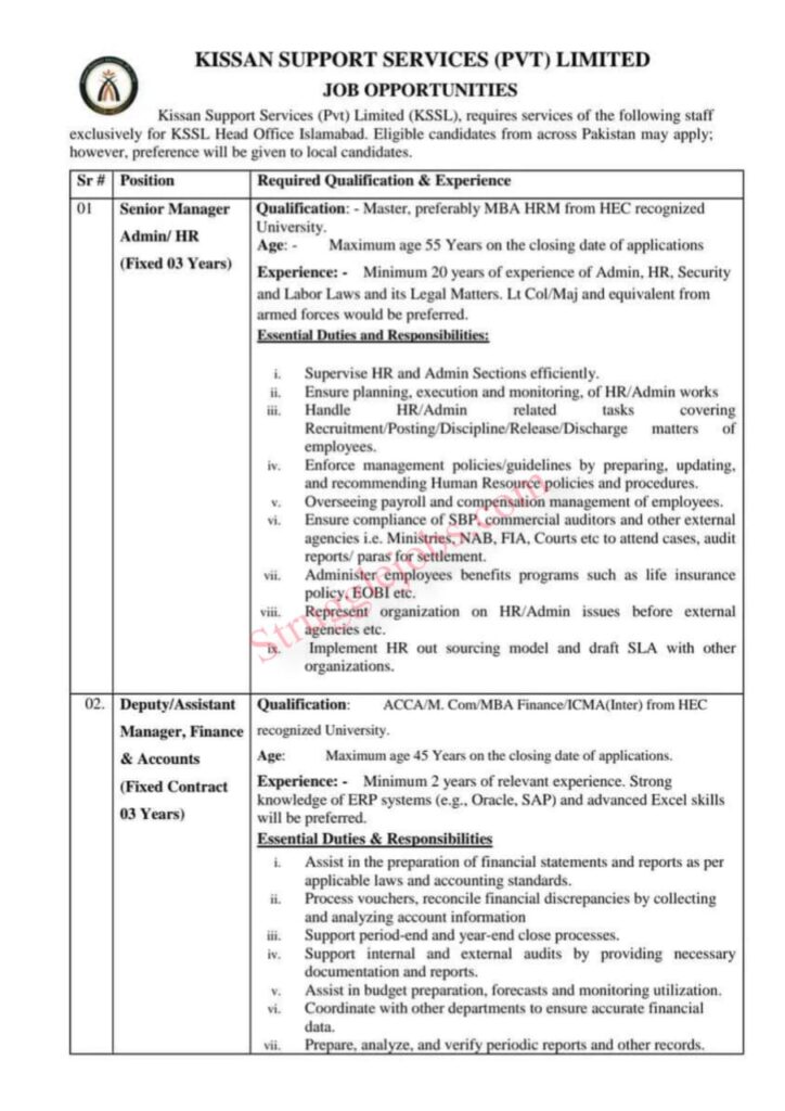Kissan Support Services (KSSL) Jobs 2025 Islamabad Head Office Vacancies