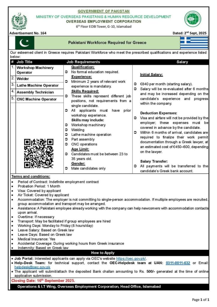 OEC Greece Jobs 2025 Apply Online for Skilled Pakistani Workforce Recruitment