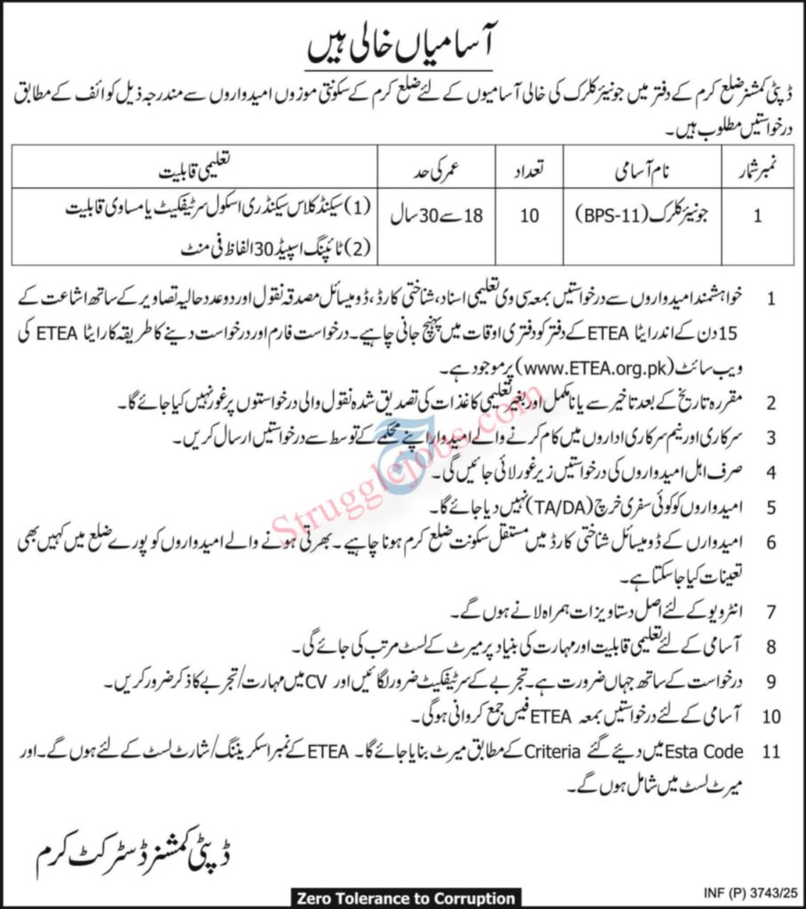DC Office Kurram Jobs 2025 Junior Clerk Vacancies via ETEA