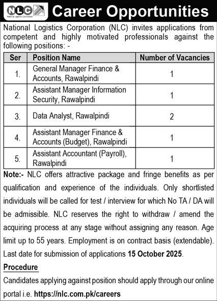 NLC Jobs 2025 National Logistics Corporation Rawalpindi