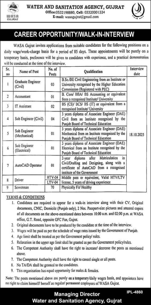 WASA Gujrat Jobs 2025 Walk-in Interviews for Engineers, IT, Drivers & Staff