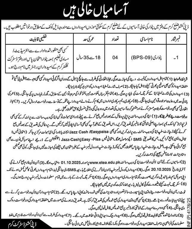 Patwari Jobs 2025 in Deputy Commissioner Office Kurram