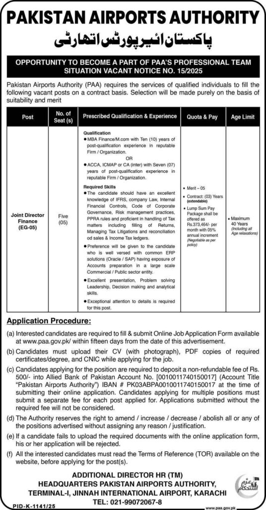 Director Finance Jobs in PAA 2025 Apply Online