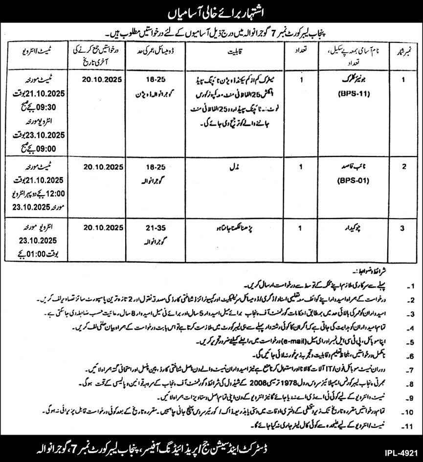 Punjab Labour Gujranwala Court No 7 Jobs 2025 Junior Clerk & Class IV Vacancies