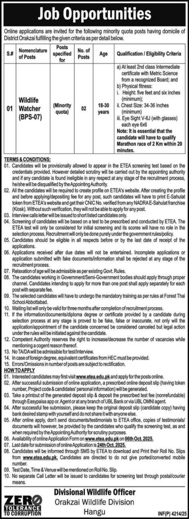 Wildlife Department Hangu Orakzai Jobs 2025