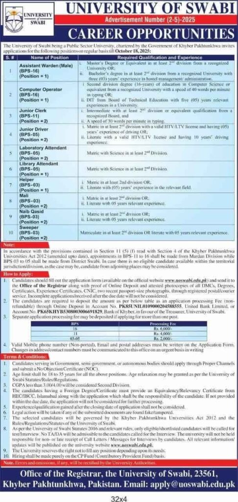 Jobs in Swabi University 2025 in KPK